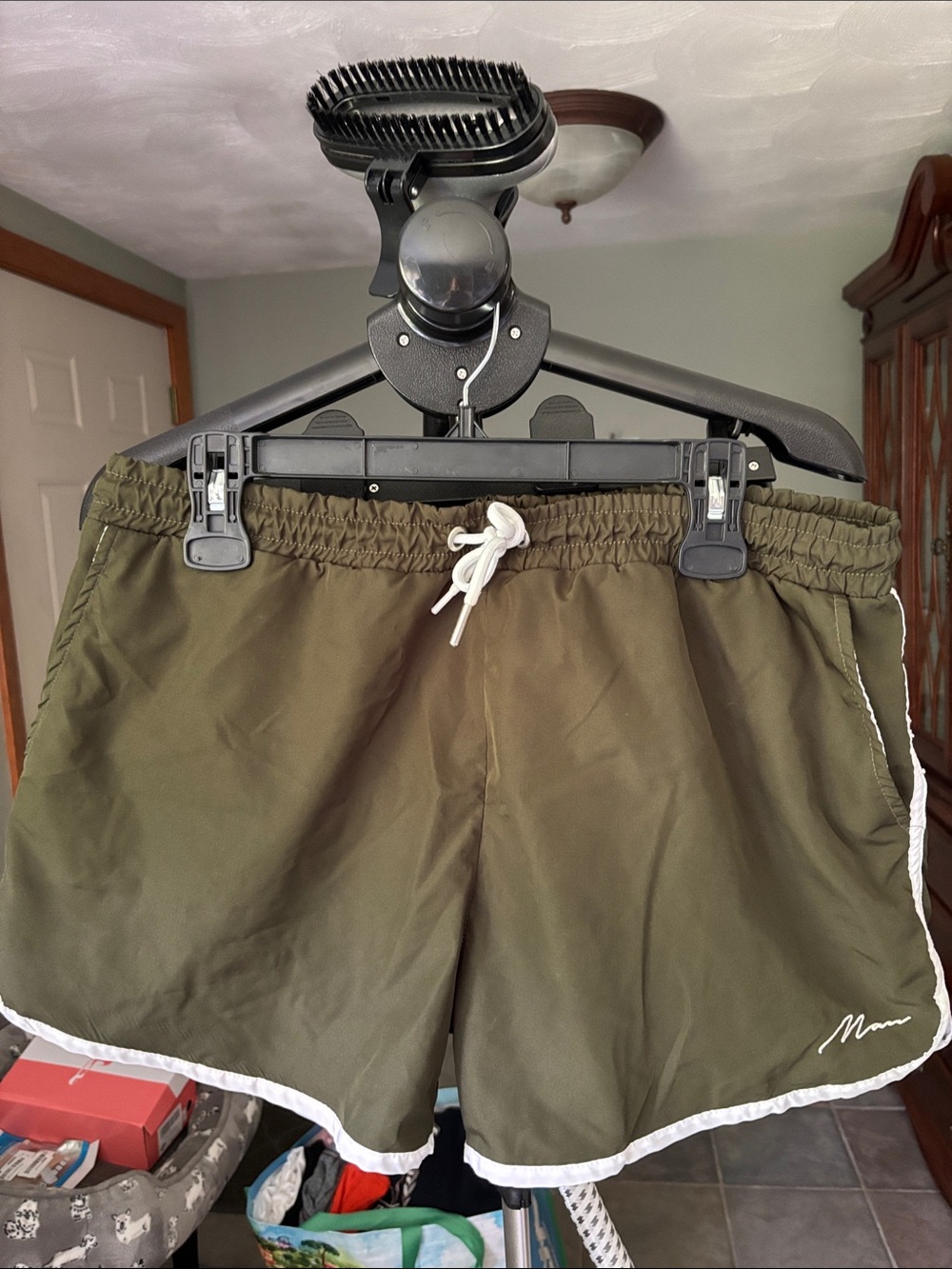 Men's Olive Green Athletic Swim Shorts with White Trim and Drawstring
